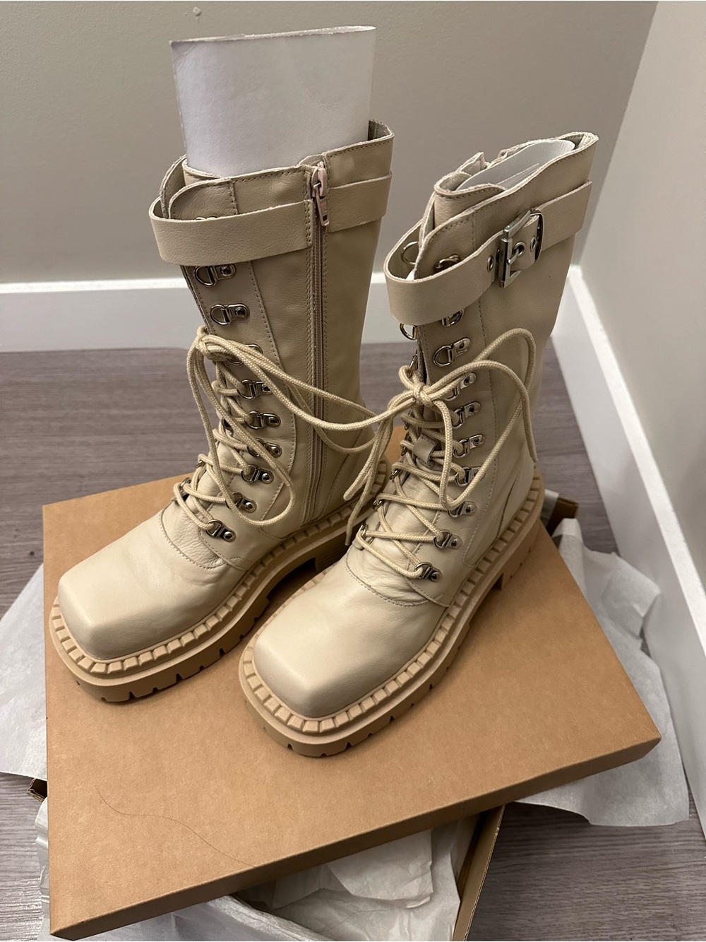 Urban Outfitters Cream Lace-Up Chunky Combat Boots with Strap